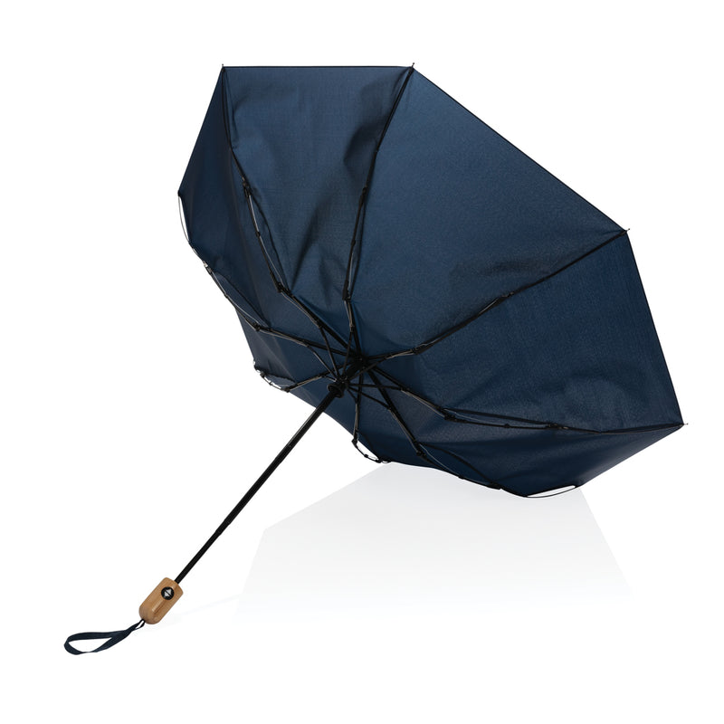 Load image into Gallery viewer, XD Collection 21-inch Impact AWARE™ RPET bamboo auto open/close umbrella, green canopy with bamboo handle and auto mechanism.
