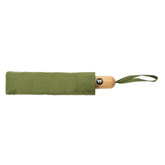 XD Collection 21-inch Impact AWARE™ RPET bamboo auto open/close umbrella with 190T canopy, eco-friendly and stylish rain protection.