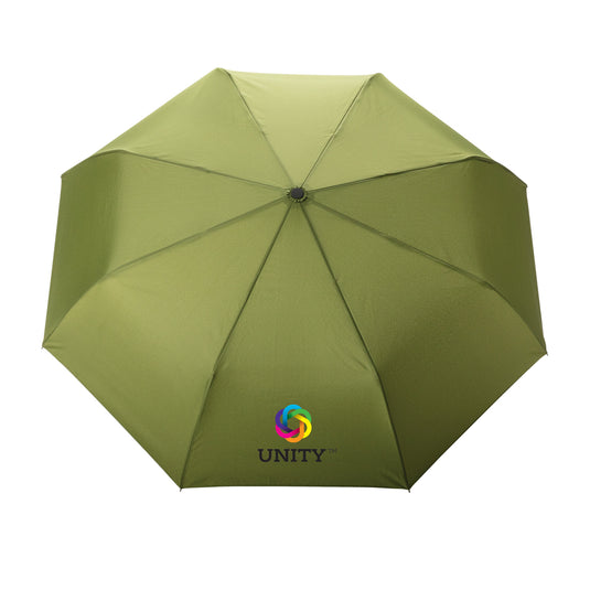 XD Collection 21-inch Impact AWARE™ RPET bamboo auto open/close umbrella with eco-friendly design and bamboo handle.