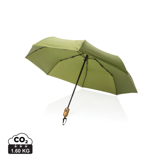 21-inch Impact AWARE™ RPET bamboo auto open/close umbrella by XD Collection, showing bamboo handle and navy canopy.