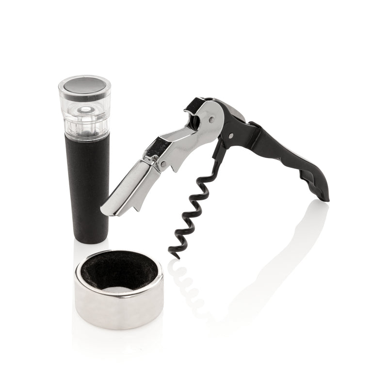 Load image into Gallery viewer, XD Collection Vino Sommelier set 3-piece for wine tasting includes corkscrew, foil cutter, and wine pourer on wooden surface.
