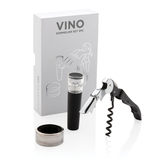 XD Collection Vino Sommelier 3-piece set with corkscrew, wine pourer, and foil cutter for wine enthusiasts.