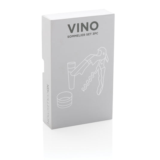 XD Collection Vino Sommelier 3-piece set for wine tasting, including corkscrew, foil cutter, and wine pourer, on a wooden surface.