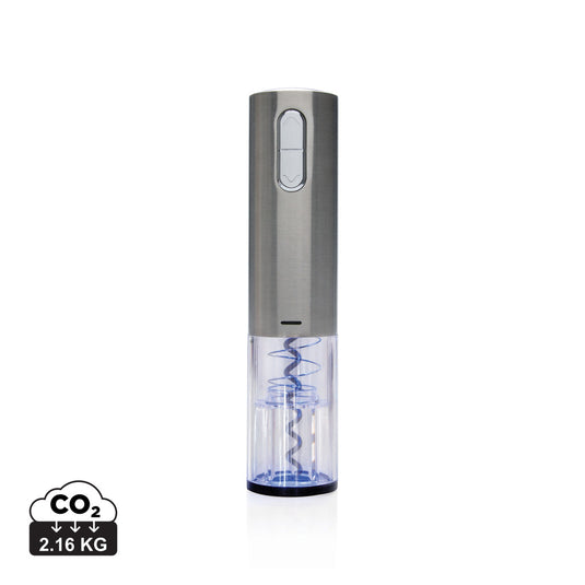 XD Collection electric wine opener, USB rechargeable, shown in use with a wine bottle and corkscrew mechanism.