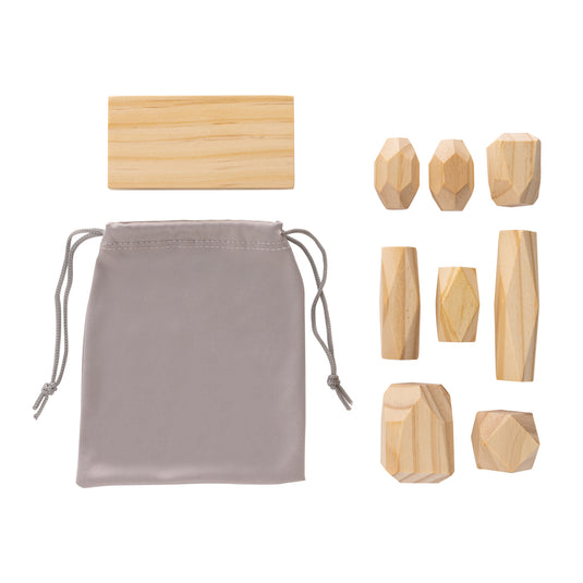 Ukiyo Crios wooden balancing rocks set in pouch, natural wood color, designed for home decor and sensory play.