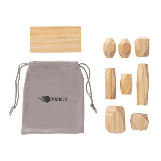 Ukiyo Crios wooden balancing rocks set in pouch for home decor and stress relief, featuring smooth, natural wood stones.