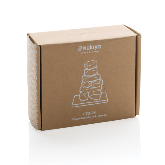 Ukiyo Crios wooden balancing rocks in a pouch, natural-toned home decor and sensory toy for children and adults.