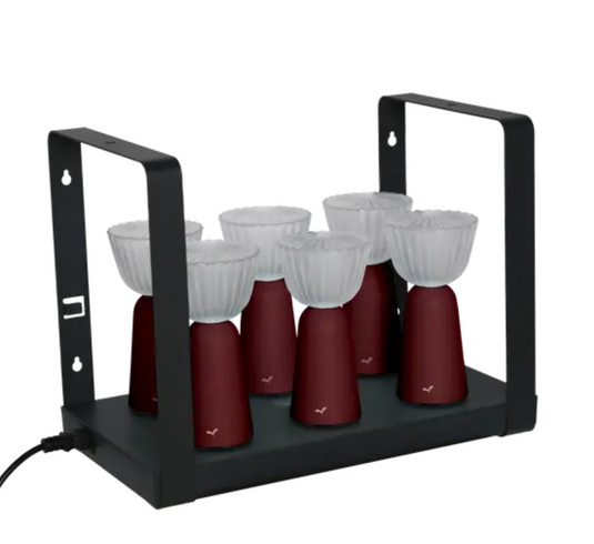 Set of 6 Fermob Swing Lamps with rechargeable design and charging tray, ideal for outdoor lighting and ambiance.