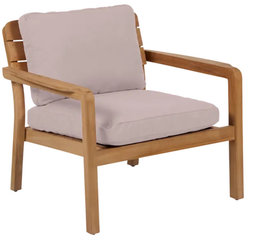 Fermob Lodge Low Armchair with teak frame and papyrus fabric cushion, outdoor teak seating for hotel terrace or garden.