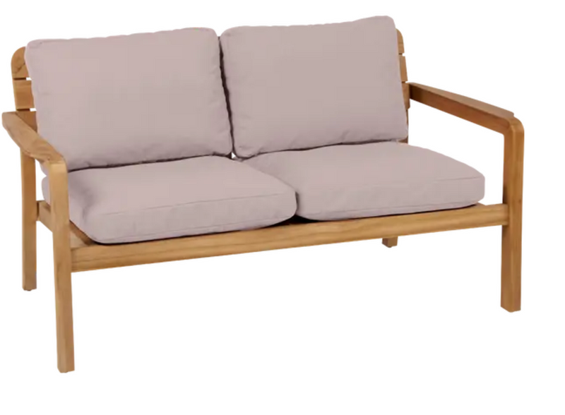 Load image into Gallery viewer, Lodge solid teak 2-seater outdoor sofa by Vlaemynck with cushioned seating, ideal for outdoor hospitality settings.
