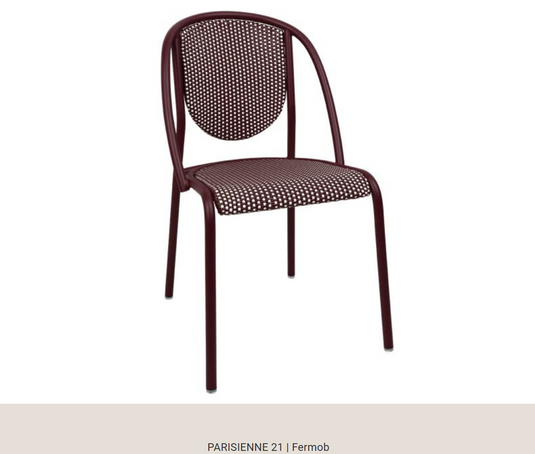 Fermob Parisienne 21 steel outdoor bistro chair with curved backrest and slender legs, ideal for patio or garden seating.