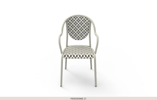Fermob Parisienne 21 steel bistro chair with a curved back and metal slats, ideal for outdoor use.
