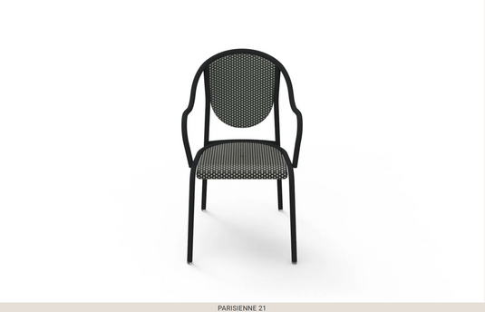 Fermob Parisienne 21 steel bistro chair with curved back and metal frame, ideal for outdoor patio or garden seating.