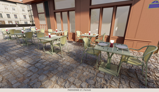Fermob Parisienne 21 steel outdoor bistro chair with curved back and armrests, ideal for garden or patio seating.
