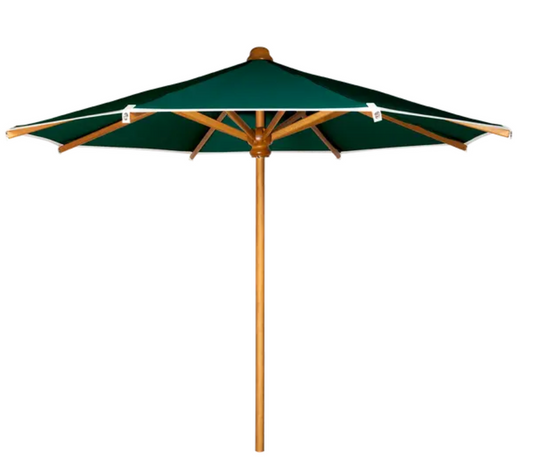Green teak parasol by Fermob with a 250cm diameter, ideal for terraces and gardens in Ireland.