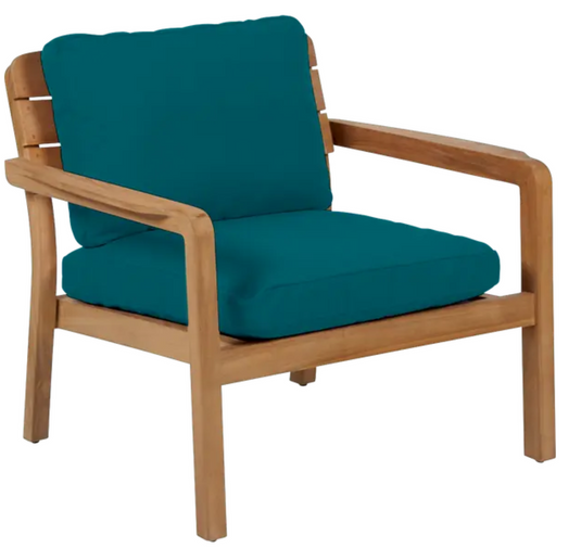 Green Lodge Fermob outdoor teak armchair with low arms, perfect for hotel terrace seating and outdoor relaxation.