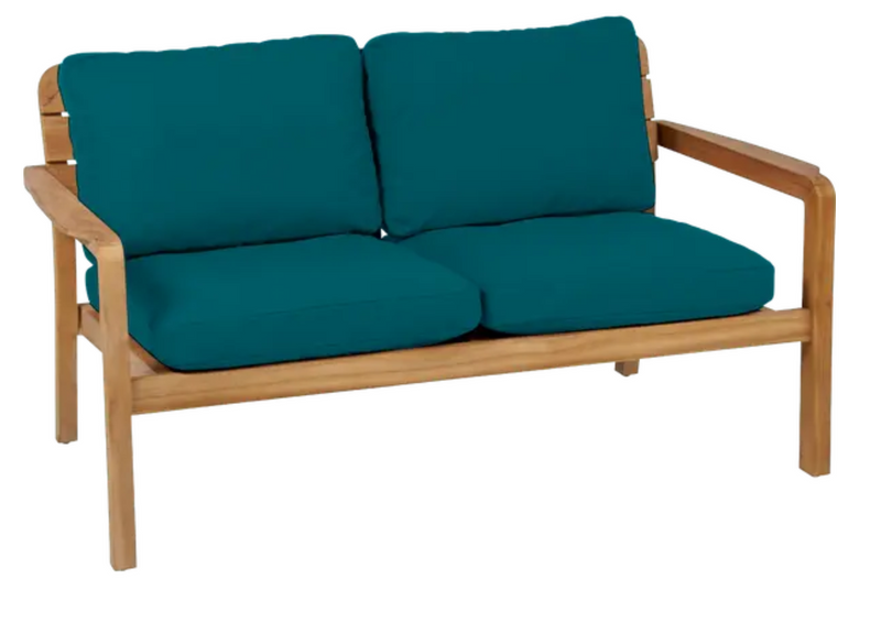 Load image into Gallery viewer, Vlaemynck LODGE solid teak 2-seater outdoor sofa with green cushions, designed for outdoor hospitality spaces in Ireland
