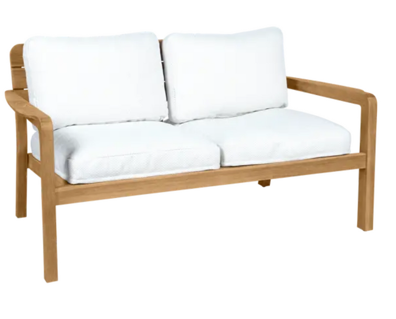 Load image into Gallery viewer, Lodge solid teak 2-seater outdoor sofa by Vlaemynck, featuring durable teak wood and comfortable cushions for outdoor seating.

