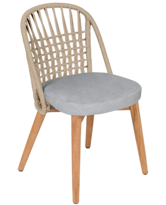 Fermob GORDES luxury teak outdoor chair with a pebble-colored wave design and rope backrest, ideal for stylish outdoor seating.