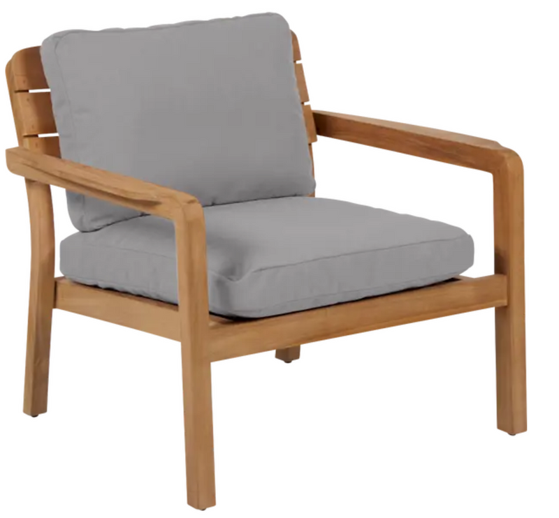 Load image into Gallery viewer, Fermob Lodge low armchair with teak frame and pebble-colored outdoor cushion, suitable for hotel terrace seating.
