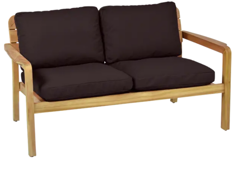 Load image into Gallery viewer, Vlaemynck LODGE solid teak 2-seater outdoor sofa with white peppercorn cushions, designed for outdoor hospitality spaces.
