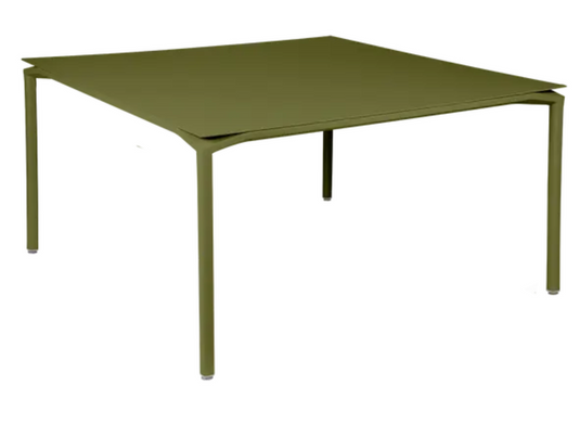 Fermob CALVI square metal dining table, 140x140 cm, eight-seater, with a sleek design and sturdy construction.