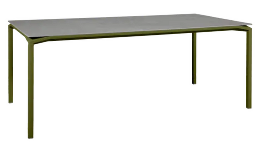 Fermob CALVI Kreta mineral dining table in pesto color, 195 x 95 cm, eight-seater table with durable stone tabletop.