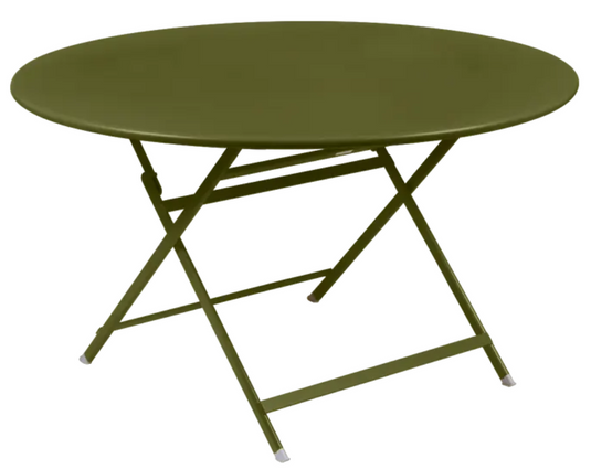 Fermob Caractère foldable metal table with 128cm diameter, eight-seater, featuring a sleek design and sturdy metal construction.