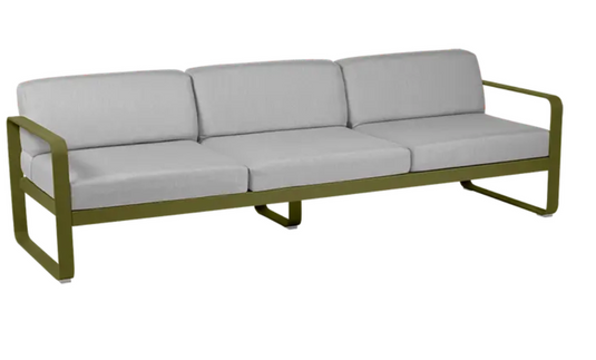 Fermob Bellevie 3-seater outdoor sofa with grey fabric cushions and metal frame, ideal for stylish outdoor furniture.