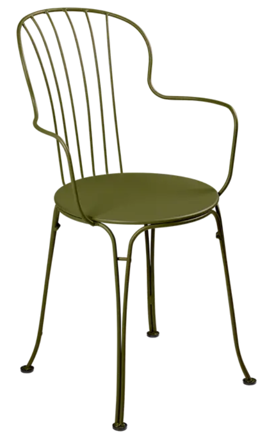 Load image into Gallery viewer, Pesto green Fermob OPÉRA+ outdoor metal armchair with curved armrests and slatted seat for patio or garden use.
