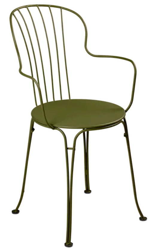 Pesto green Fermob OPÉRA+ outdoor metal armchair with curved armrests and slatted seat for patio or garden use.