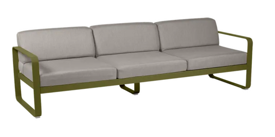 Bellevie 3-seater outdoor sofa by Fermob in Pesto Grey Taupe metal, showcasing a stylish, modern outdoor furniture piece.