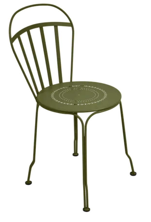 Load image into Gallery viewer, Fermob Pesto Louvre outdoor chair with a woven green seat and backrest, metal frame, suitable for garden or patio use.
