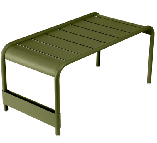 Fermob Luxembourg large low table bench in Pesto color, 86x44 cm, outdoor furniture with a sleek, modern design.