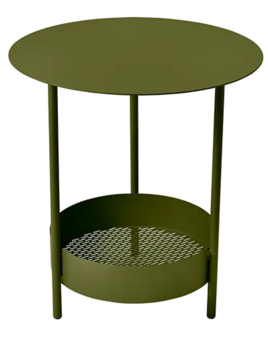 Fermob Salsa pedestal side table with a green finish, outdoor furniture piece on a patio setting.