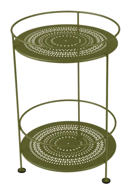 Fermob Guinguette side table with perforated double top in green metal, stylish outdoor furniture for patio or garden.