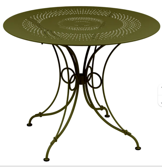 Fermob 1900 outdoor table with a 96cm diameter, round metal table for garden or patio outdoor furniture.