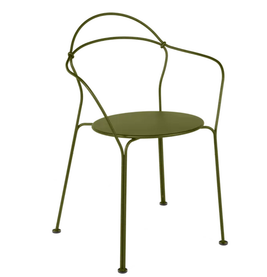 Fermob Airloop Lounge Chair with green metal frame and woven seat, outdoor furniture for relaxing outdoor spaces.