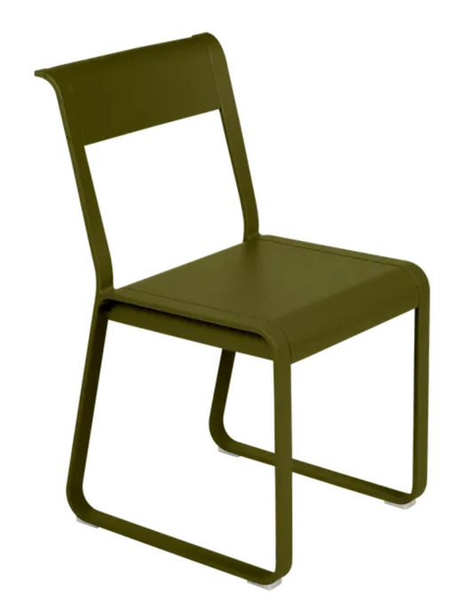 Fermob Bellevie Chair V2 in Pesto, a stylish metal outdoor chair with a modern design and curved armrests.