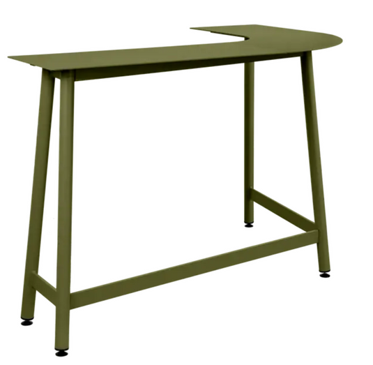 Fermob Bolder Corner Counter bar stool in pesto green with a metal frame, suitable for outdoor garden seating.