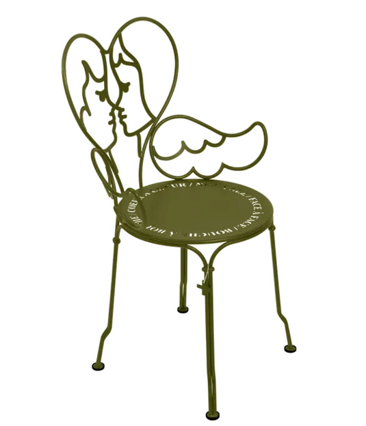 Fermob ANGE metal outdoor chair in Pesto color, with a sleek, modern design and curved backrest for outdoor seating.