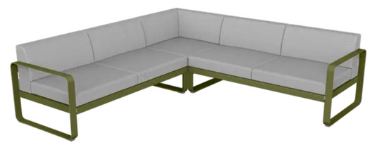 Fermob Bellevie Composition 2 outdoor sofa set with grey cushions and pesto green modular design for stylish outdoor lounging
