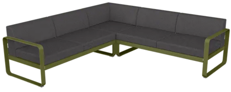 Load image into Gallery viewer, Fermob Bellevie Composition 2 outdoor modular sofa set with grey and pesto-colored cushions, designed for garden relaxation.
