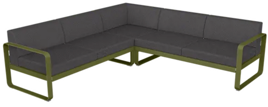 Fermob Bellevie Composition 2 outdoor modular sofa set with grey and pesto-colored cushions, designed for garden relaxation.