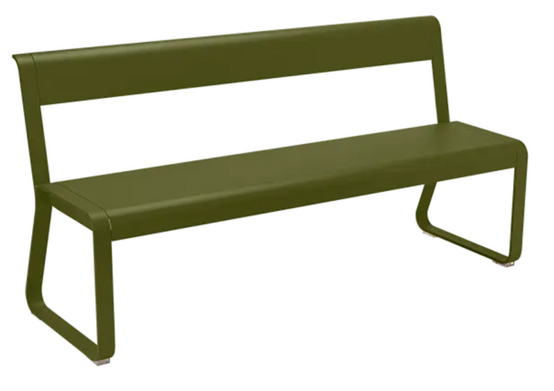 Load image into Gallery viewer, Pesto green Fermob Bellevie outdoor bench with backrest, metal powder-coated furniture, suitable for garden or patio seating

