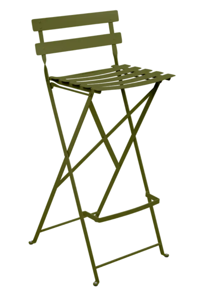 Load image into Gallery viewer, Fermob Pesto Green foldable bistro high stool with a sleek metal design for outdoor seating and dining.
