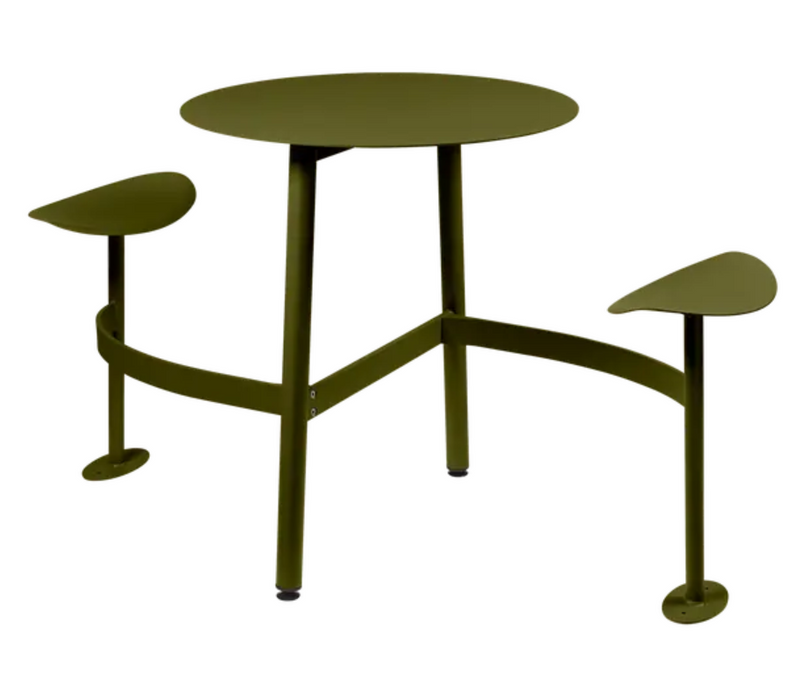 Load image into Gallery viewer, Fermob Bolder 2-seater round outdoor table with integrated bench in Pesto Green, metal garden furniture for outdoor seating.
