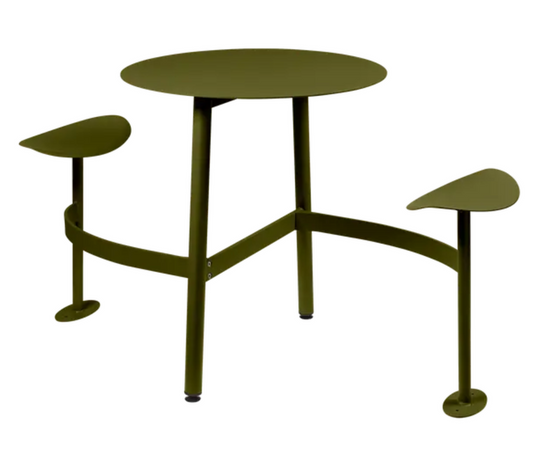 Fermob Bolder 2-seater round outdoor table with integrated bench in Pesto Green, metal garden furniture for outdoor seating.
