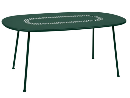Fermob Lorette oval metal outdoor dining table in Pesto Green, 160 x 90 cm, with a sleek oval design for outdoor gatherings.