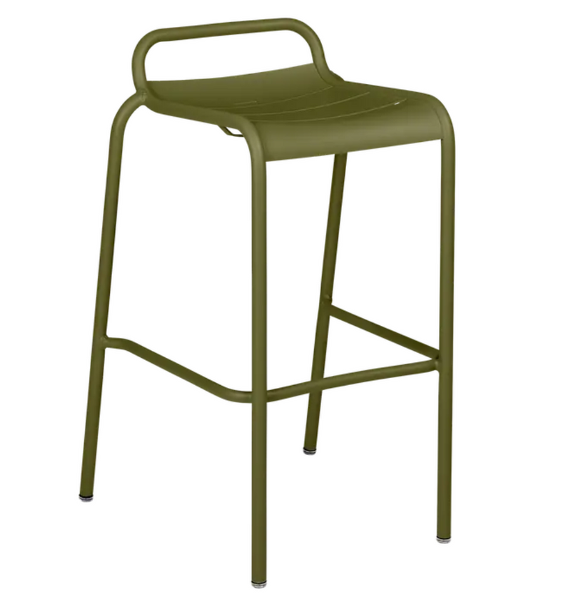 Load image into Gallery viewer, Luxembourg Fermob Pesto Green outdoor bar stool with a sleek design, ideal for restaurant or home dining spaces.

